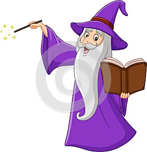 Cartoon old wizard holding a magic book