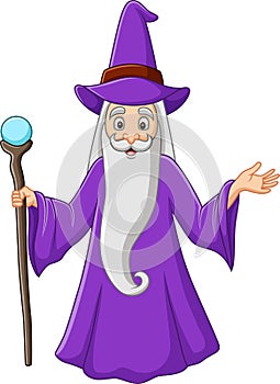 Cartoon old wizard holding magic stick