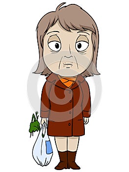 Cartoon old woman in brown coat