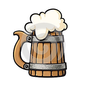 Cartoon old wooden beer mug with foam. Design element for brewery, beer festival, bar, pub. Hand drawn vector