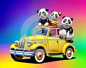 Cartoon old yellow car jalopy roadster comic smile panda bear traveler photo