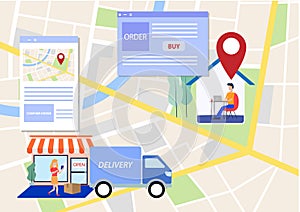 Cartoon of Online Shopping and Shop Delivery Process For E-Commerce Concept