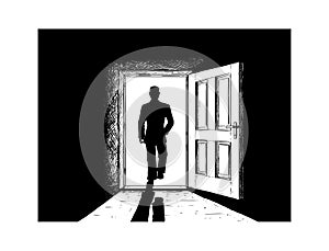 Cartoon of Open Door and Man Walking in or from Light