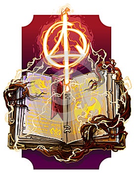 Cartoon open spell book with magic symbol