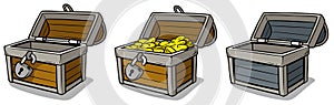 Cartoon open treasure chest with gold coins set