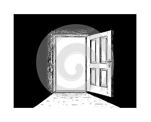 Cartoon of Open Wooden Decision Door and Light Coming From It.