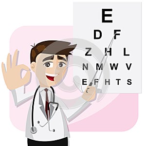 Cartoon ophthalmologist with chart testing eyesight