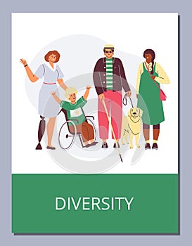 Cartoon opportunities, inclusion and diversity disabled people vector poster, blindness, prostheses, boy in a wheelchair