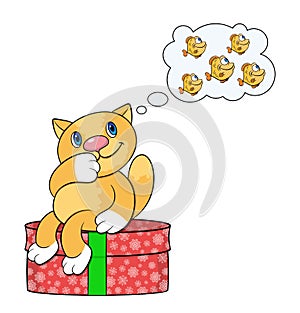Cartoon orange cat dreaming about fish sitting on a Christmas present.Isolated vector on a white background.