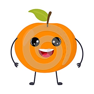 Cartoon orange with cute face. Illustration with funny and healthy food. Isolated on white background.