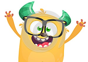 Cartoon orange excited monster wearing glasses. Vector Halloween illustration isolated.