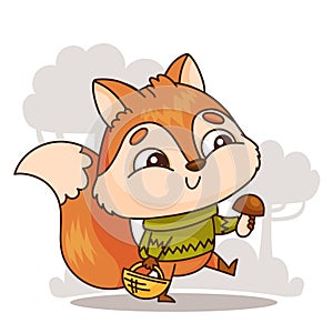 Cartoon orange fox with happy gesture holding a mushroom and basket. Vector