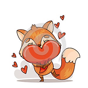 Cartoon orange fox symbolizes love with a heart, happy gesture, and tail
