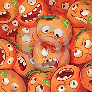 Cartoon orange. Group of anthropomorphic oranges in one heap