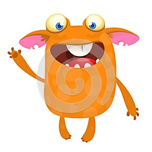 Cartoon orange monster character. Vector illustration of troll, gremlin or goblin waving hand.