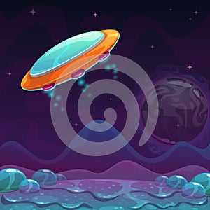 Cartoon orange UFO flying under the alien slimy landscape.