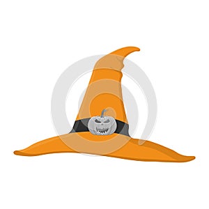 Cartoon orange witch hat with pumpkin isolated on white background. Children kid costume masquerade party. Design element for