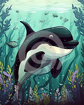 Cartoon Orca colorful illustration happy underwater whale swimming in coral reef