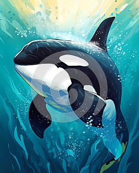 Cartoon Orca colorful illustration happy underwater whale swimming in coral reef