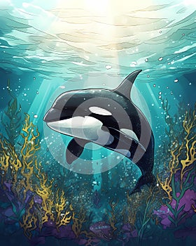 Cartoon Orca colorful illustration happy underwater whale swimming in coral reef