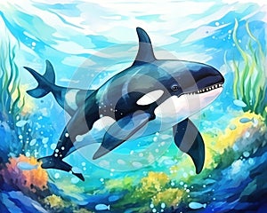 cartoon Orca watercolor happy underwater whale swimming in coral reef.
