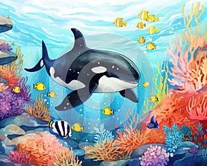 cartoon Orca watercolor happy underwater whale swimming in coral reef.