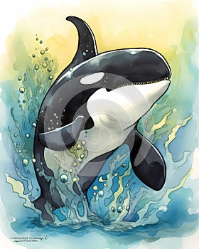 Cartoon Orca watercolor illustration happy underwater whale swimming in coral reef