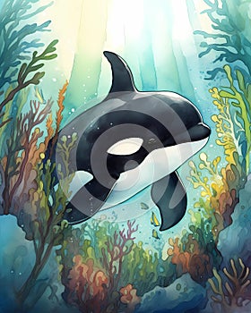 Cartoon Orca watercolor illustration happy underwater whale swimming in coral reef