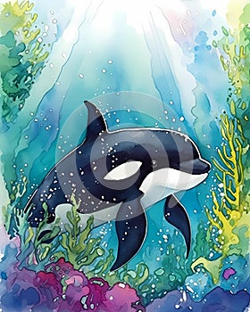 Cartoon Orca watercolor illustration happy underwater whale swimming in coral reef