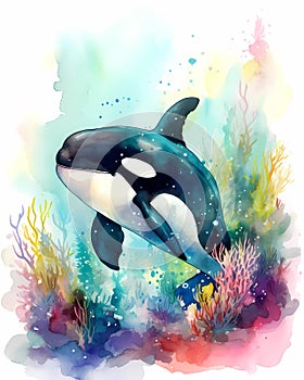 Cartoon Orca watercolor illustration happy underwater whale swimming in coral reef