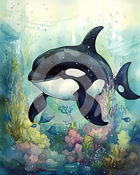 Cartoon Orca watercolor illustration happy underwater whale swimming in coral reef