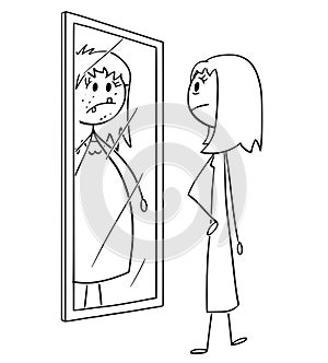 Cartoon of Ordinary Nice and Slim Woman or Girl Looking at Herself at Mirror and Seeing Yourself Ugly, Fat and Obese