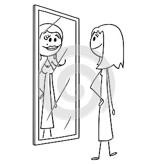 Cartoon of Ordinary Woman or Girl Looking at Herself at Mirror and Seeing Yourself More Attractive