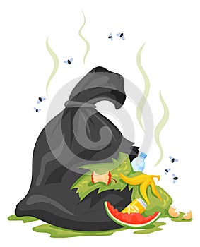 Cartoon organic waste. Smelling trash black bag