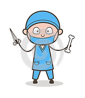 Cartoon Orthopedic Surgeon with Scissors and Bone Vector