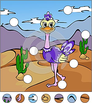 Cartoon ostrich in the desert. complete the puzzle and find the