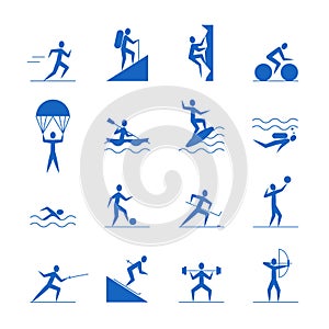 Cartoon Outdoor Activities Sports Games Blue Icons Set. Vector