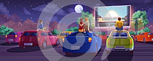 Cartoon outdoor drive-in cinema with cars and loving couple