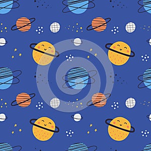 Cartoon outer space planets characters seamless pattern.