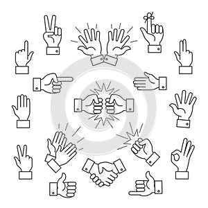 Cartoon outline signs of one hand and two hands. Lined clapping applauding icons