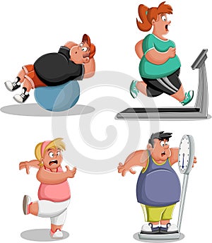 Cartoon over weight athletes training. Fat people working out.