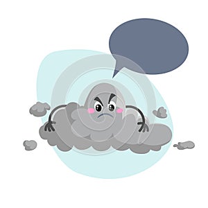 Cartoon overcast storm cloud mascot. Weather rain and storm symbol. Speaking character with dummy speech bubble and little clouds