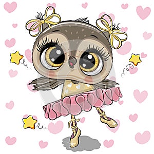 Cartoon Owl Ballerina on a hearts background