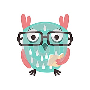 Cartoon owl bird in eyeglasses holding a book colorful character vector Illustration