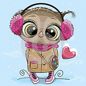 Cartoon Owl in a ear muffs and Coat