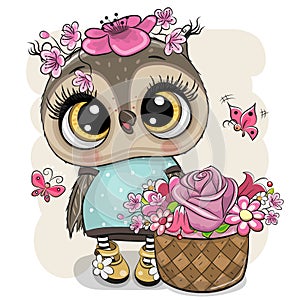 Cartoon Owl with flowers on a white background