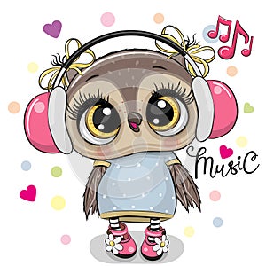 Cartoon Owl girl with headphones on a white background