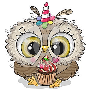 Cartoon Owl with the horn of a unicorn and a cupcake