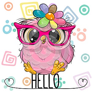 Cartoon Owl in a pink glasses with flower