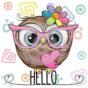 Cartoon Owl in a pink glasses with heart